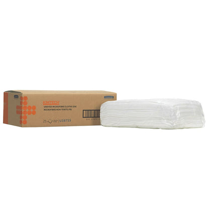 A rectangular Kimberly-Clark box labeled "Kimtech® Auto Microfiber Surface Wipes" (white, 1 carton x 25 wipes) is placed next to neatly stacked microfiber cloths, ideal for car cleaning. Product details and a barcode are visible on the box.