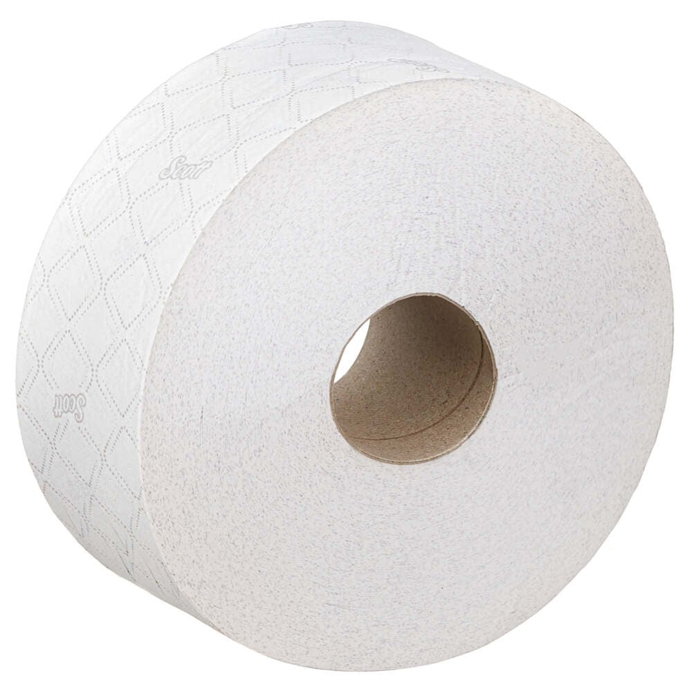 A large roll of Scott® ESSENTIAL™ Jumbo Toilet Paper from Kimberly-Clark GmbH in white with a diamond pattern and visible cardboard core; the package contains 6 rolls, each with 1,053 sheets.