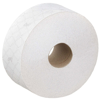 A large roll of Scott® ESSENTIAL™ Jumbo Toilet Paper from Kimberly-Clark GmbH in white with a diamond pattern and visible cardboard core; the package contains 6 rolls, each with 1,053 sheets.