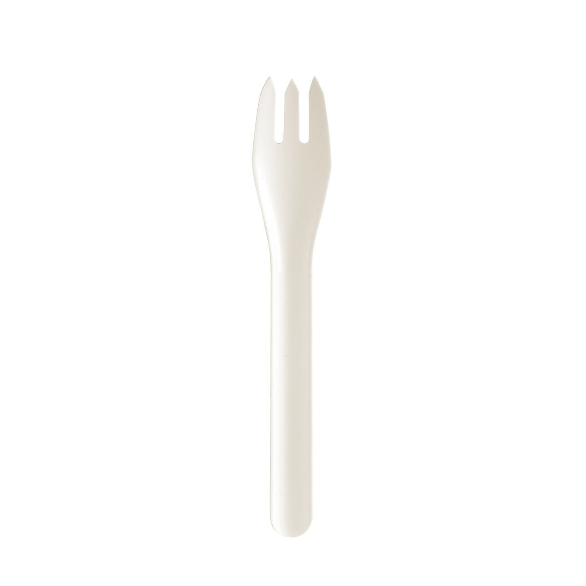 A single PLUMA paper fiber fork 160mm white from Duni GmbH with a white handle and three prongs stands upright against a white background.
