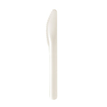 A PLUMA paper fiber knife 165 mm from Duni GmbH stands vertically against a white background. The knife made of white paper is environmentally friendly, biodegradable, and has a smooth handle as well as a serrated edge. Pack of 100 pieces.