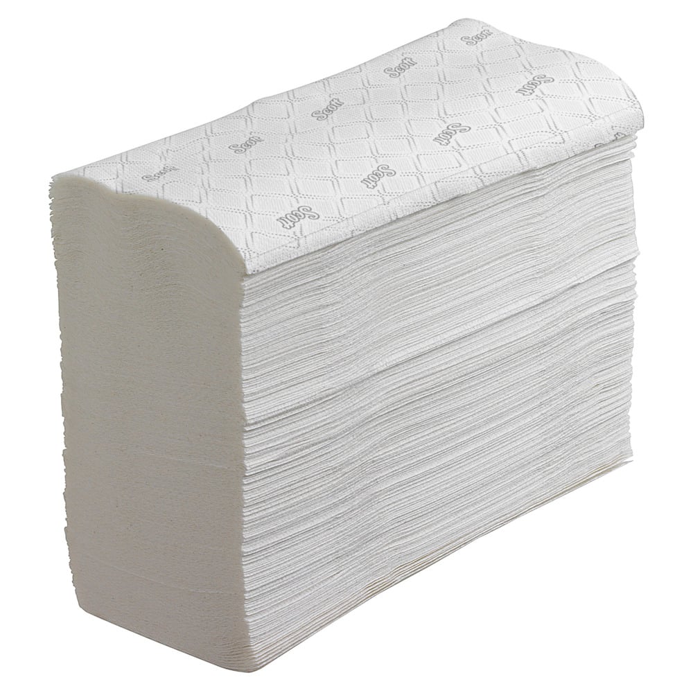 A stack of Scott® Hand Towels - Narrow-Fold / White by Kimberly-Clark GmbH, embossed and folded for hygienic hand drying, is presented against a plain white background.