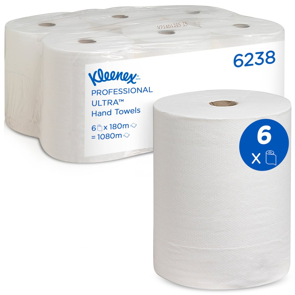 Pictured is a six-pack of Kleenex® Ultra™ Hand Towel Rolls from Kimberly-Clark GmbH, with one roll in front. The label reads: 6 rolls per carton, each 180 m long - perfect for hygienic hand drying - and a total of 1080 m long.