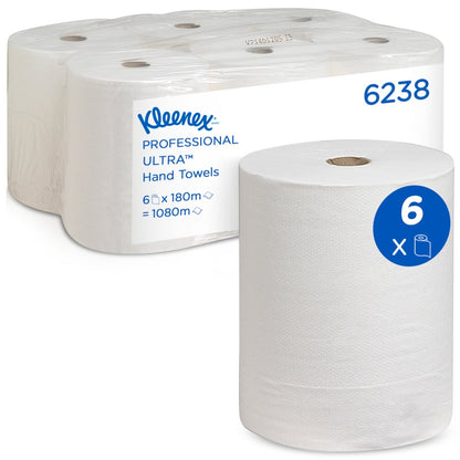 Pictured is a six-pack of Kleenex® Ultra™ Hand Towel Rolls from Kimberly-Clark GmbH, with one roll in front. The label reads: 6 rolls per carton, each 180 m long - perfect for hygienic hand drying - and a total of 1080 m long.