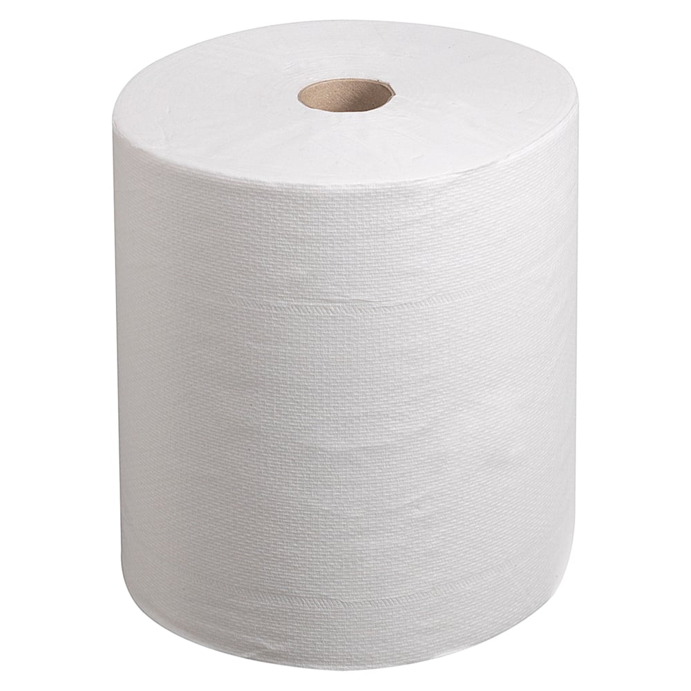 A Kleenex® Ultra™ hand towel roll from Kimberly-Clark GmbH in white stands upright with a visible brown cardboard core against a white background. 6 rolls per carton. Ideal for hygienic hand drying.