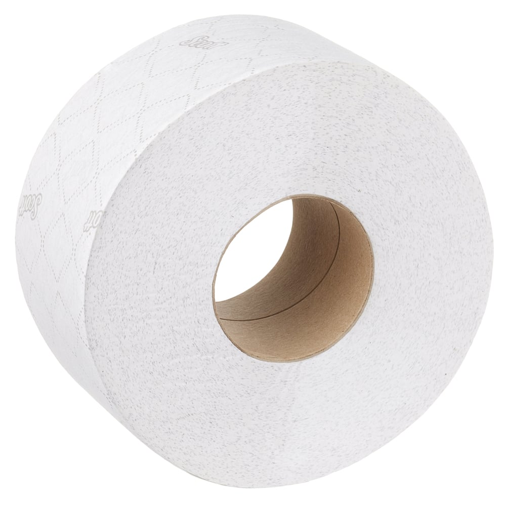 A large roll of Scott® Essential™ Maxi Jumbo white toilet paper by Kimberly-Clark GmbH with a cardboard core and subtle diamond embossing; box contains 6 rolls with 380 sheets per roll.