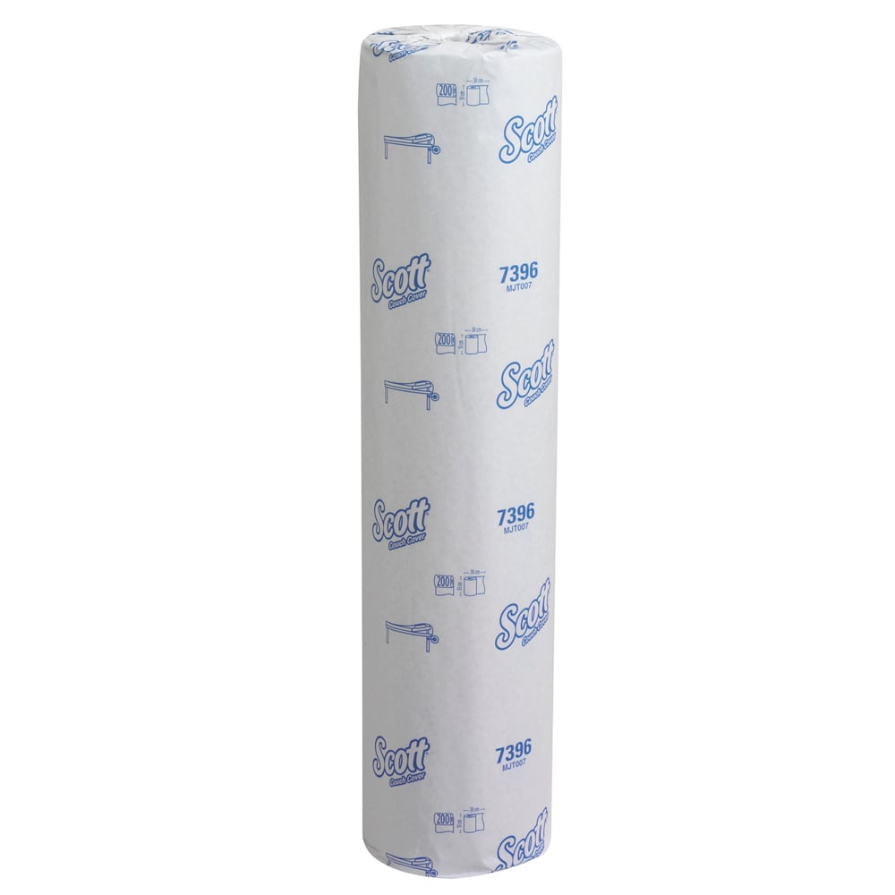 A Scott® doctor's roll (38.00 cm x 51.00 cm) from Kimberly-Clark GmbH stands upright against a white background, in branded packaging with blue text and illustrations - ideal for hygienic patient care.