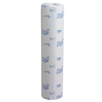 A Scott® doctor's roll (38.00 cm x 51.00 cm) from Kimberly-Clark GmbH stands upright against a white background, in branded packaging with blue text and illustrations - ideal for hygienic patient care.