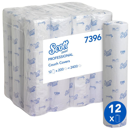A bulk pack of Kimberly-Clark GmbH Scott® doctor's rolls (38 x 51 cm), ideal for hygienic patient care on examination tables, model 7396. Contains 12 rolls (2400 sheets); one roll is shown next to the main packaging.