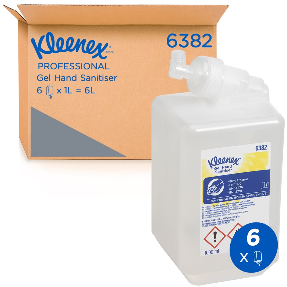 A 1-liter cartridge of Kleenex® Extra Gel Hand Sanitizer from Kimberly-Clark GmbH stands in front of a box labeled "6 Cartridges x 1 Ltr = 6L". A blue symbol highlights this pack of 6 cartridges for effective hand sanitizing.