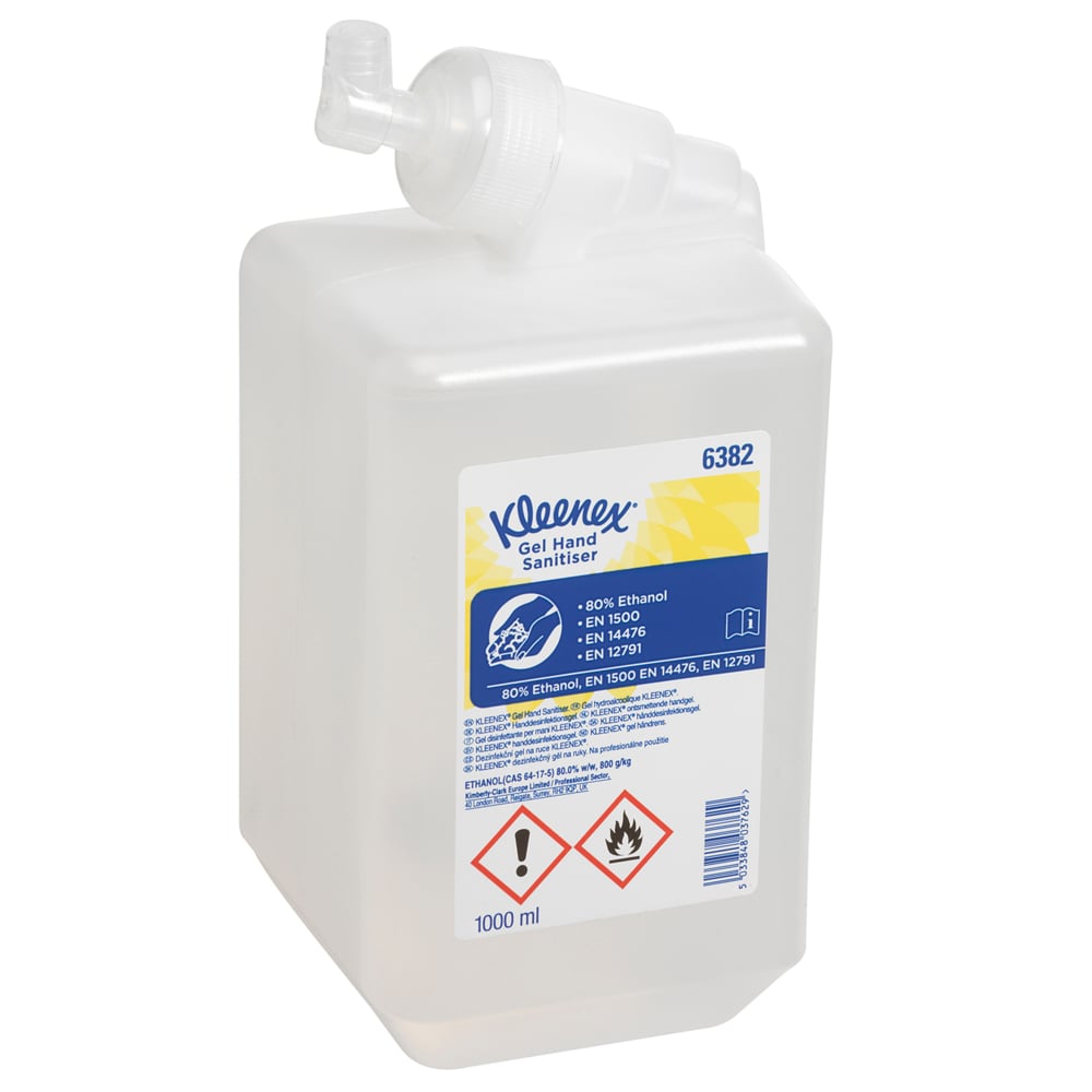 A 1-liter cartridge of Kleenex® Extra Gel Hand Sanitizer from Kimberly-Clark GmbH, transparent with product information, warning symbols, and a yellow label on the front for effective hand sanitizing; available in boxes of 6 cartridges.