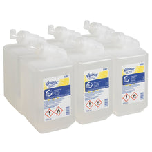 Six transparent 1L Kleenex® Extra Gel Hand Sanitizer cartridges from Kimberly-Clark GmbH - box of 6 pieces, with a clear design and safety label - ideal for effective hand sanitizing.