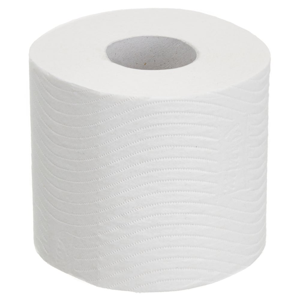 A single unused Kleenex® toilet paper roll from Kimberly-Clark GmbH stands upright on a plain white background, showing its subtle wave pattern. It is part of an 8-pack, each with 9 small rolls and 195 sheets per roll.