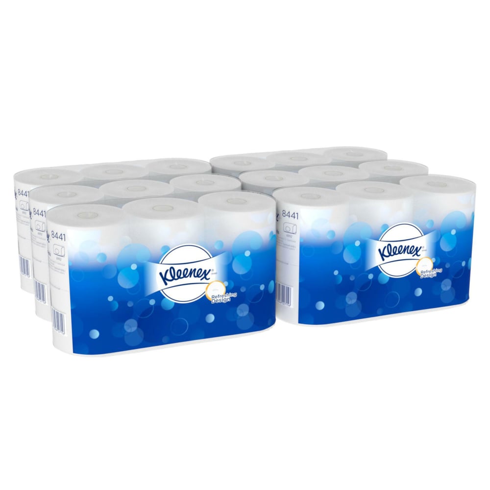 Kleenex® toilet paper from Kimberly-Clark GmbH contains 6 packs with 6 white rolls each (600 sheets per roll), totaling 36 rolls per box. The blue packaging features the Kleenex logo and white bubble motifs.