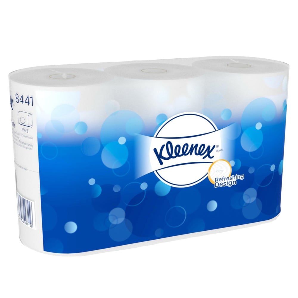Kleenex® standard toilet paper in white, 6 packs x 6 small rolls with 600 sheets per box from Kimberly-Clark GmbH. Soft, refreshing toilet paper in white design with blue bubbles and Kleenex logo.