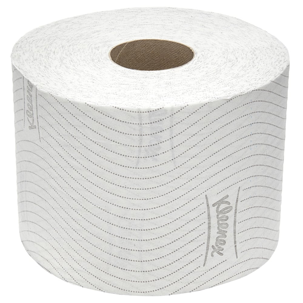 A pack of Kleenex® standard/white toilet paper from Kimberly-Clark GmbH contains 6 packs with 6 small rolls each (600 sheets/roll). The rolls feature a wave line pattern and a logo, depicted unused on a solid white background.