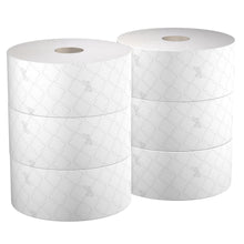 Six white Scott® Control™ central dispensing toilet paper rolls (314 m, each 1280 sheets) from Kimberly-Clark GmbH are stacked in two columns of three and display a subtle diamond pattern on a solid white background.