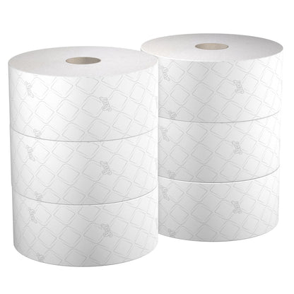 Six white Scott® Control™ central dispensing toilet paper rolls (314 m, each 1280 sheets) from Kimberly-Clark GmbH are stacked in two columns of three and display a subtle diamond pattern on a solid white background.
