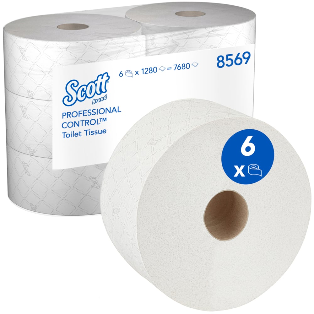 A pack of Scott® Control™ toilet paper from Kimberly-Clark GmbH contains 6 white rolls (each 314 m, 1280 sheets/roll) with central dispensing and a label with product information and a blue highlighted "6 x".