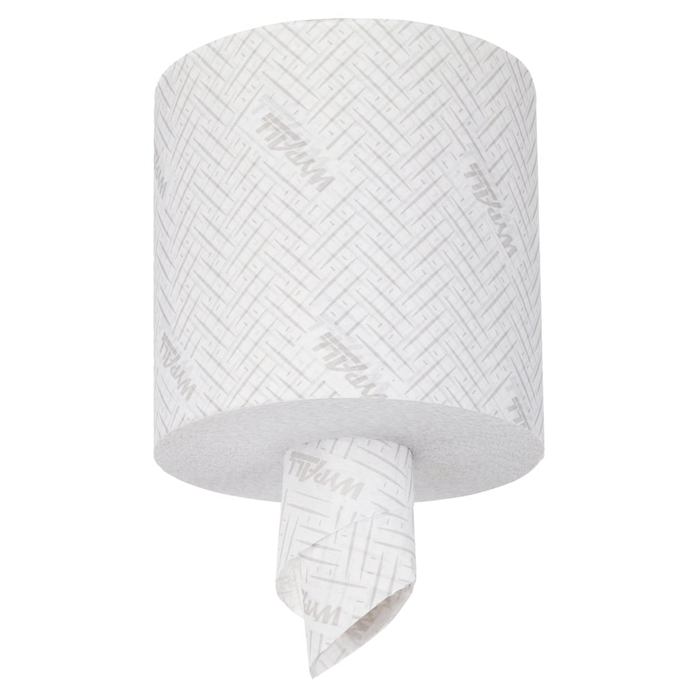 A WypAll® L10 paper towel from Kimberly-Clark GmbH hangs in the centrefeed dispenser, single sheet pulled out - ideal solution for cleaning in service & retail (38.00 cm x 18.30 cm).