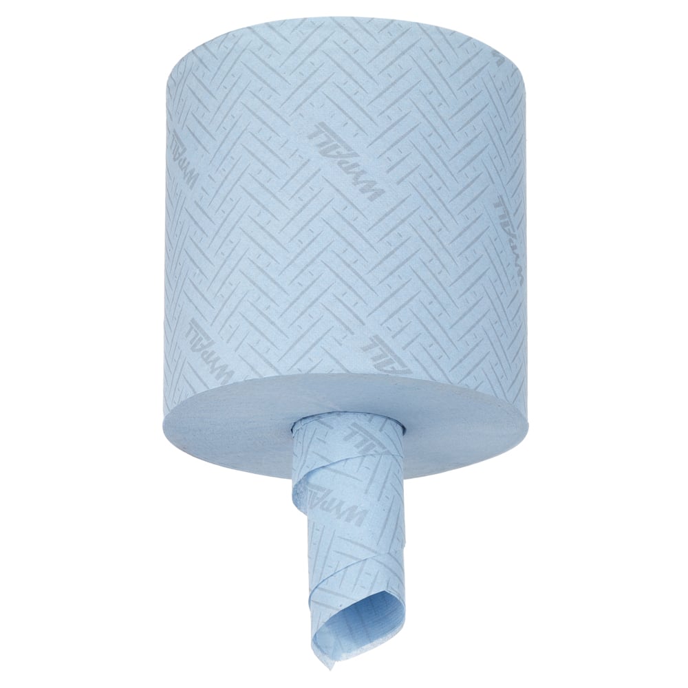 A large blue WypAll® L10 paper towel from Kimberly-Clark GmbH stands upright, perforated and partially unrolled from the center. This centerfeed cleaning roll is designed for use in the food and hygiene sector, with 6 rolls x 630 sheets per carton.