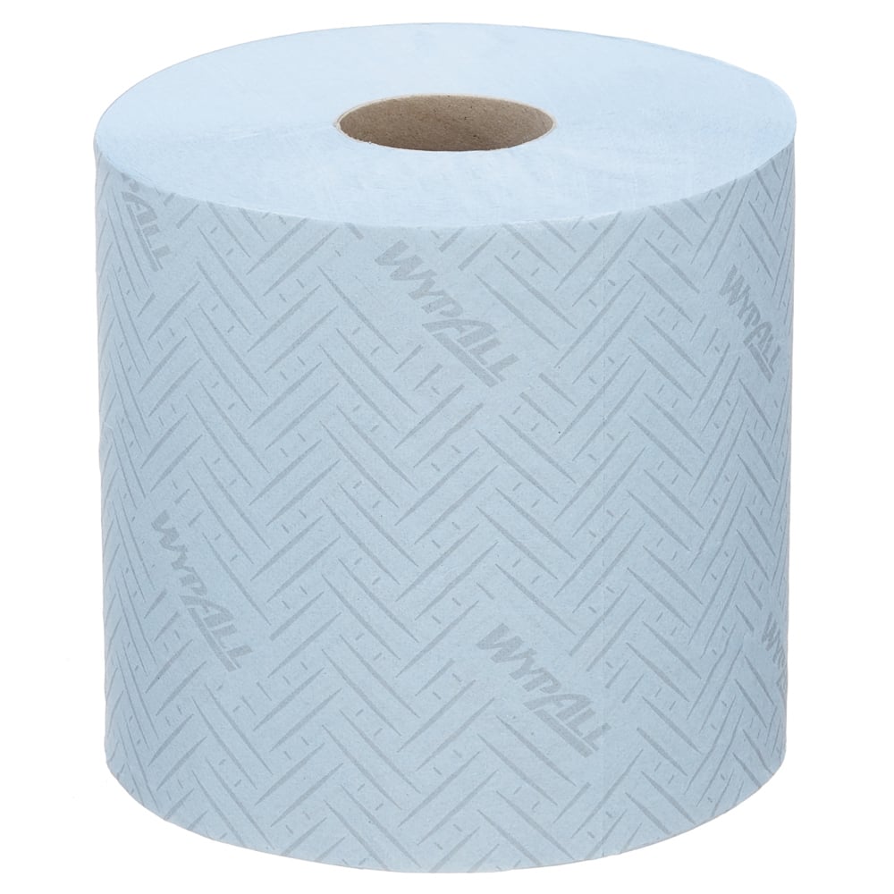 A pack of 6 blue WypAll® L10 paper towel centrifugal rolls (630 sheets each) from Kimberly-Clark GmbH, with a chevron pattern and brown cardboard core - ideal for the food and hygiene sector.