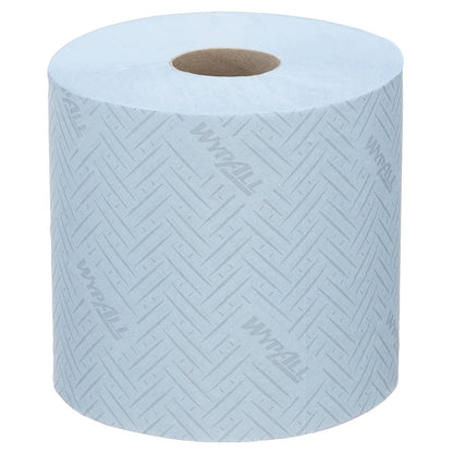 A pack of 6 blue WypAll® L10 paper towel centrifugal rolls (630 sheets each) from Kimberly-Clark GmbH, with a chevron pattern and brown cardboard core - ideal for the food and hygiene sector.