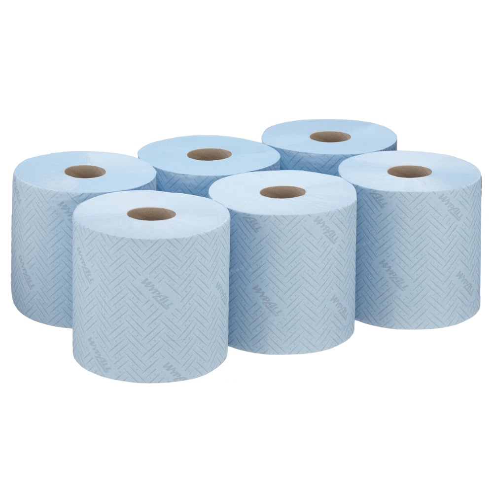 Six blue WypAll® L10 paper towel centrefeed rolls from Kimberly-Clark GmbH are depicted in two rows of three. Each roll has a herringbone pattern with a visible hollow core, ideal for use in the food and hygiene sector (6 x 630 sheets).