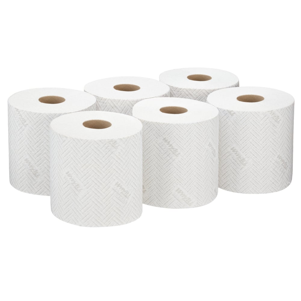 Six WypAll® L10 paper towel rolls from Kimberly-Clark GmbH, each white with 630 sheets, are neatly arranged - ideal for food and hygiene. Center-feed design. Delivered as 6 rolls per carton.