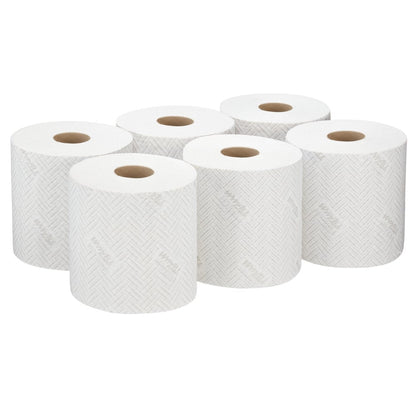 Six WypAll® L10 paper towel rolls from Kimberly-Clark GmbH, each white with 630 sheets, are neatly arranged - ideal for food and hygiene. Center-feed design. Delivered as 6 rolls per carton.