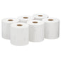 Six WypAll® L10 paper towel rolls from Kimberly-Clark GmbH, each white with 630 sheets, are neatly arranged - ideal for food and hygiene. Center-feed design. Delivered as 6 rolls per carton.