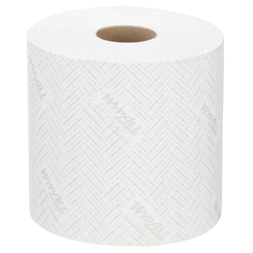 A single roll of WypAll® L10 white patterned paper towel for food & hygiene from Kimberly-Clark GmbH, with visible cardboard core, photographed against a plain white background. The package contains 6 rolls with 630 sheets each.