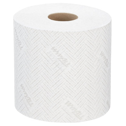 A single roll of WypAll® L10 white patterned paper towel for food & hygiene from Kimberly-Clark GmbH, with visible cardboard core, photographed against a plain white background. The package contains 6 rolls with 630 sheets each.