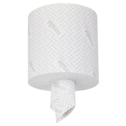 A large white WypAll® L10 paper towel roll for food & hygiene Centrefeed from Kimberly-Clark GmbH, with a textured pattern and a sheet being pulled from the center for easy and hygienic use. 6 rolls x 630 sheets per carton.