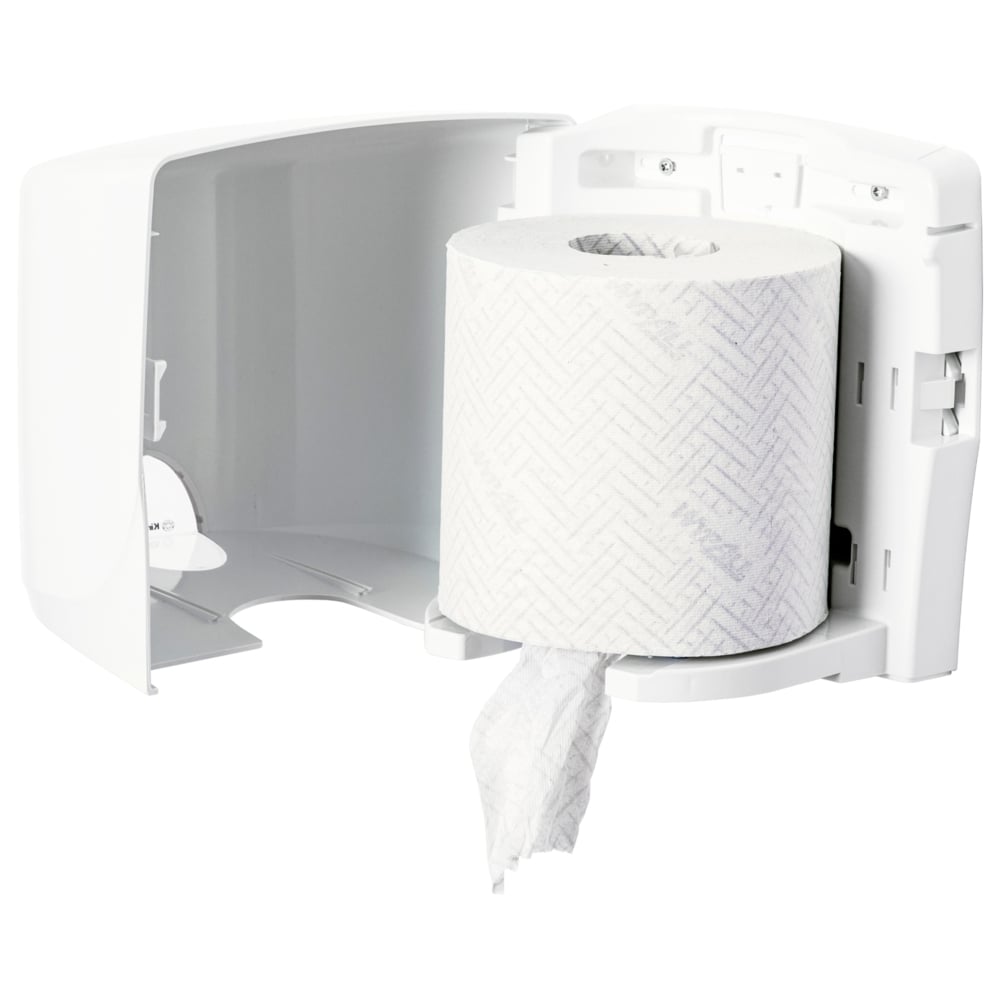 A Kimberly-Clark Aquarius™ towel dispenser - Roll Control in white is wall-mounted with an open lid, showing a large roll and a sheet ready for hygienic cleaning - perfect for controlled dispensing.