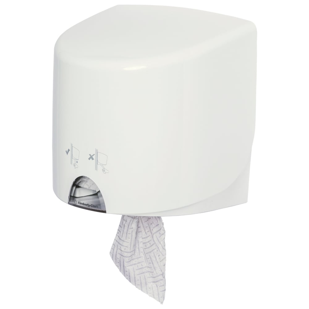 The Kimberly-Clark Aquarius™ towel dispenser - Roll Control in white is a wall-mounted dispenser with a single visible towel. Instructions for use and hygienic roll control features are displayed on the front. 1 dispenser per carton.