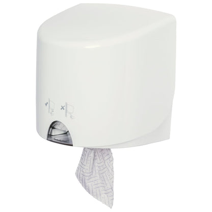 The Kimberly-Clark Aquarius™ towel dispenser - Roll Control in white is a wall-mounted dispenser with a single visible towel. Instructions for use and hygienic roll control features are displayed on the front. 1 dispenser per carton.
