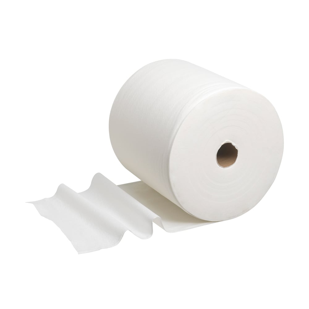 A WypAll® L40 wipers large roll in white (1 roll x 875 sheets) from Kimberly-Clark GmbH is partially unrolled on a white surface - ideal for efficient industrial cleaning.