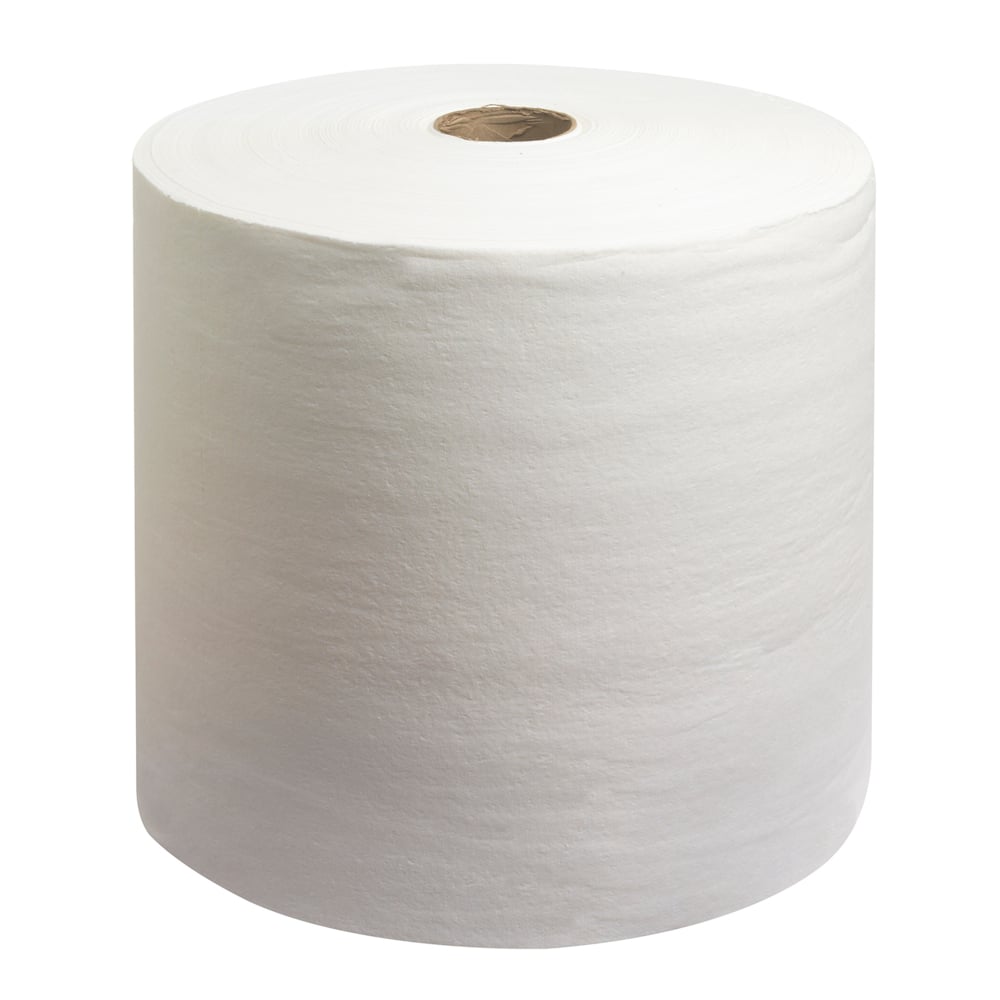A WypAll® L40 wipers large roll from Kimberly-Clark GmbH (1 roll, 875 sheets, white) stands upright against a white background, showing the cardboard core in the middle.