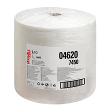 A large white WypAll® L40 wipers large roll from Kimberly-Clark GmbH is wrapped in plastic and displays a product label with model 04620 and 875 sheets - ideal for industrial cleaning - with barcodes and application instructions.