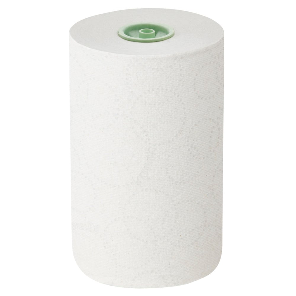 A single Kleenex® E-roll Slimroll™ white 1-ply roll towel from Kimberly-Clark GmbH stands upright against a plain background, showing its faint circular pattern and green plastic core.