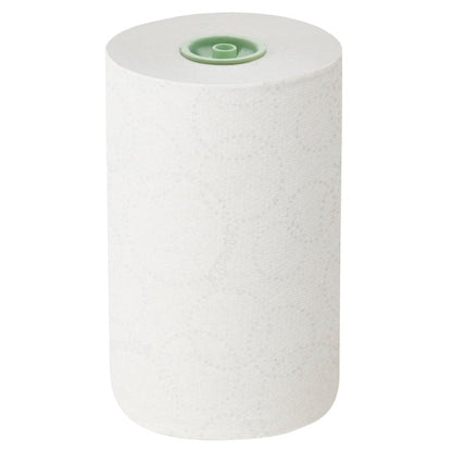 A single Kleenex® E-roll Slimroll™ white 1-ply roll towel from Kimberly-Clark GmbH stands upright against a plain background, showing its faint circular pattern and green plastic core.