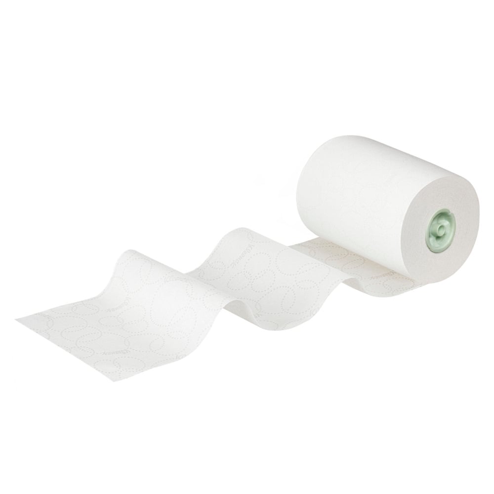 A roll of Kleenex® Roll Towels E-roll Slimroll™, 1-ply, white, from Kimberly-Clark GmbH, is shown partially unrolled to reveal the subtle pattern. Each box contains six 135 m rolls (6 rolls), depicted against a white background.