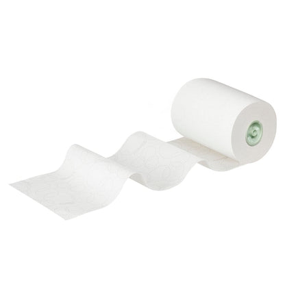 A roll of Kleenex® Roll Towels E-roll Slimroll™, 1-ply, white, from Kimberly-Clark GmbH, is shown partially unrolled to reveal the subtle pattern. Each box contains six 135 m rolls (6 rolls), depicted against a white background.