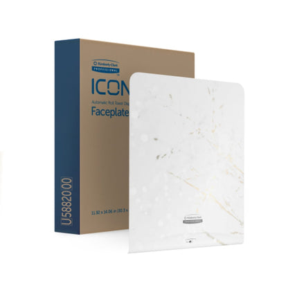 Pictured is the Kimberly-Clark Professional™ Icon™ Dispenser Faceplate - eHRT (33.02 x 37.47 x 3.18 cm) by Kimberly-Clark GmbH, a rectangular white faceplate with an abstract pattern - perfect for any hygiene solution.