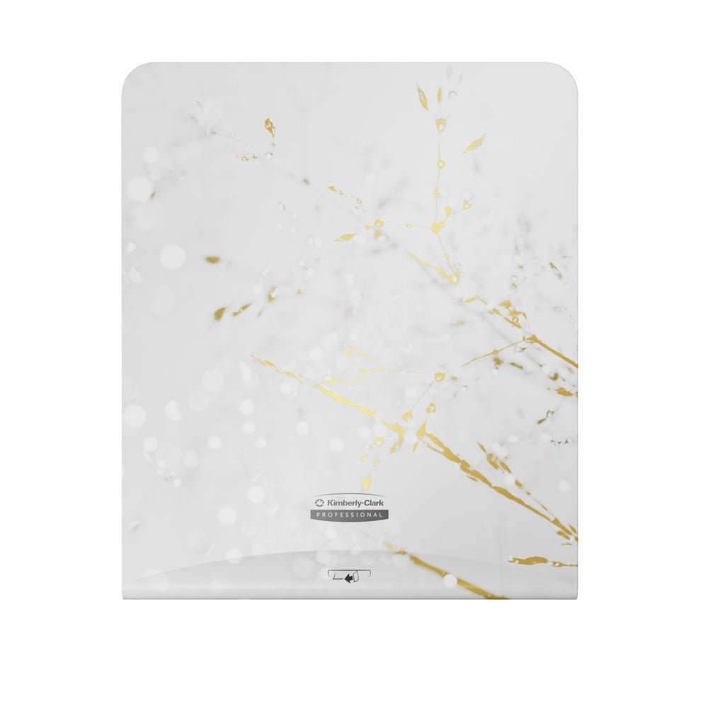 The Kimberly-Clark Professional™ Icon™ Dispenser Faceplate - eHRT by Kimberly-Clark GmbH is a white, rectangular paper towel dispenser with a gold and gray branch pattern - an elegant addition to any washroom accessory collection.