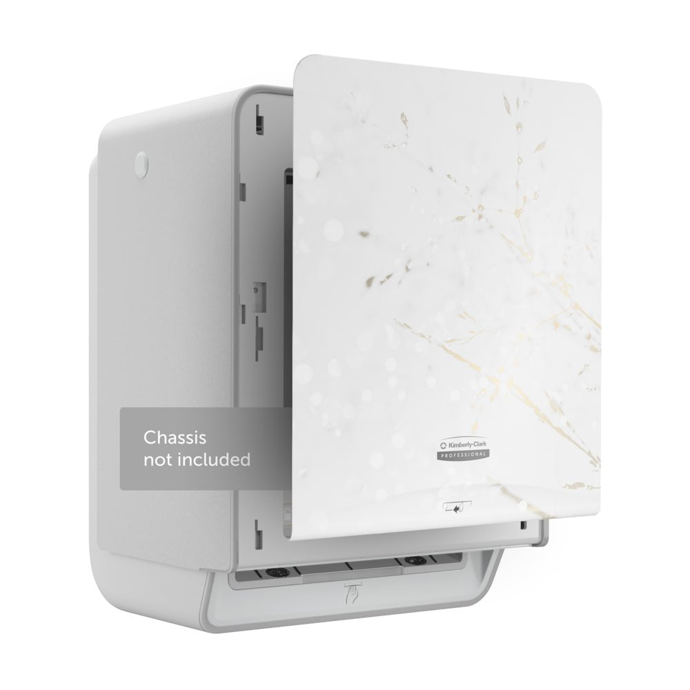 A close-up of the Kimberly-Clark Professional™ Icon™ Dispenser Faceplate - eHRT (33.02 x 37.47 x 3.18 cm) by Kimberly-Clark GmbH with a light gray surface, white panel with dried grass motif, and label: "Chassis not included".