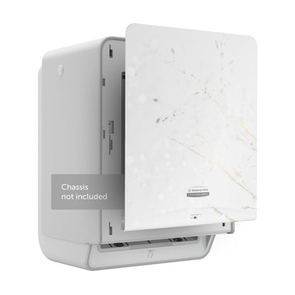 A close-up of the Kimberly-Clark Professional™ Icon™ Dispenser Faceplate - eHRT (33.02 x 37.47 x 3.18 cm) by Kimberly-Clark GmbH with a light gray surface, white panel with dried grass motif, and label: "Chassis not included".