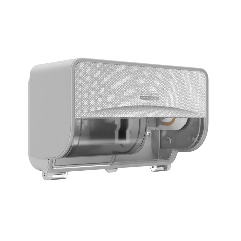 The gray, wall-mounted Kimberly-Clark Professional™ Icon™ toilet paper dispenser - small rolls from Kimberly-Clark GmbH features a textured front and a partially open lid with a toilet paper roll inside.
