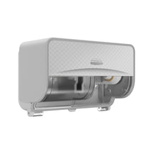 The gray, wall-mounted Kimberly-Clark Professional™ Icon™ toilet paper dispenser - small rolls from Kimberly-Clark GmbH features a textured front and a partially open lid with a toilet paper roll inside.